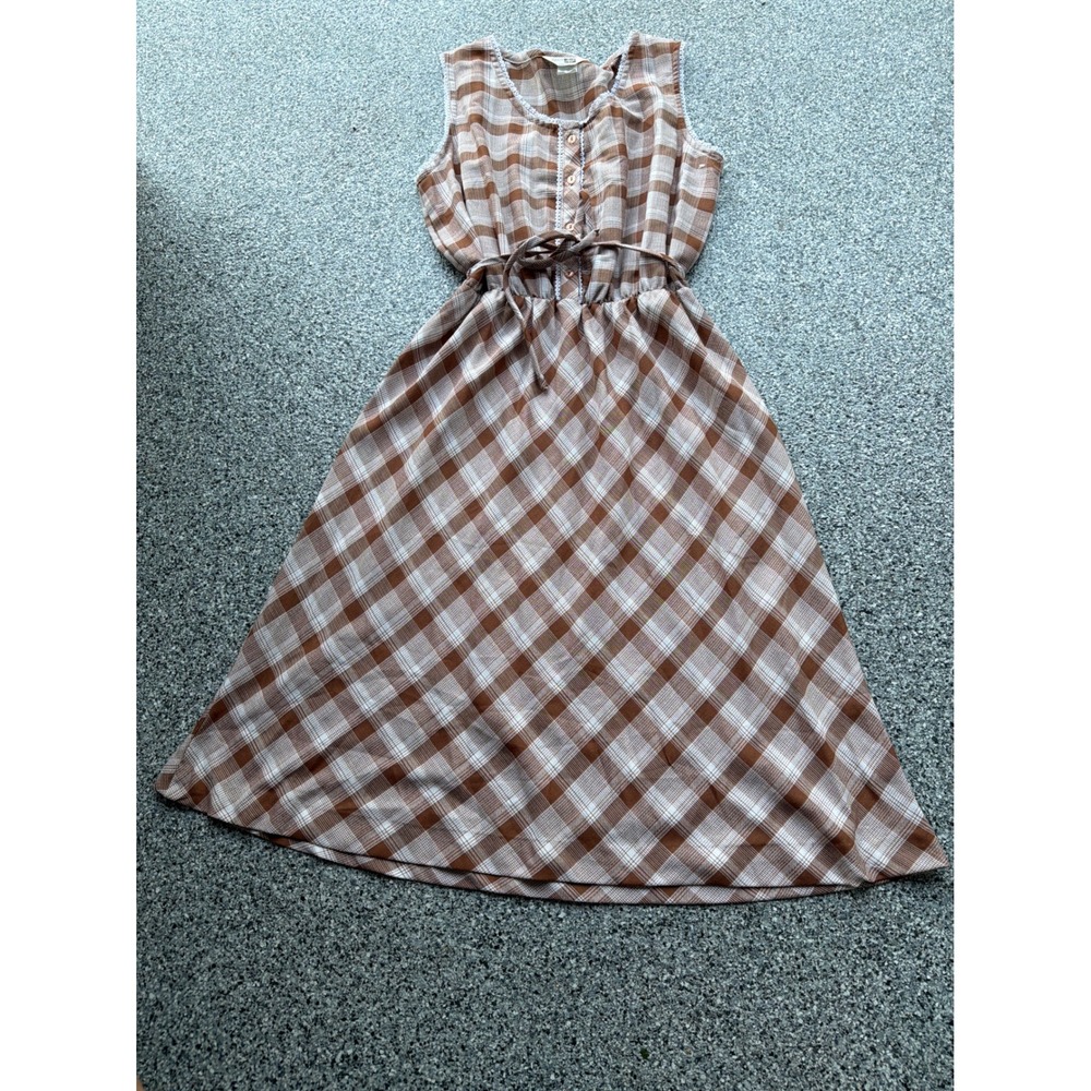 Vintage Sears The Fashion Place Brown Plaid Lace Trim Midi Dress Size 20 4294